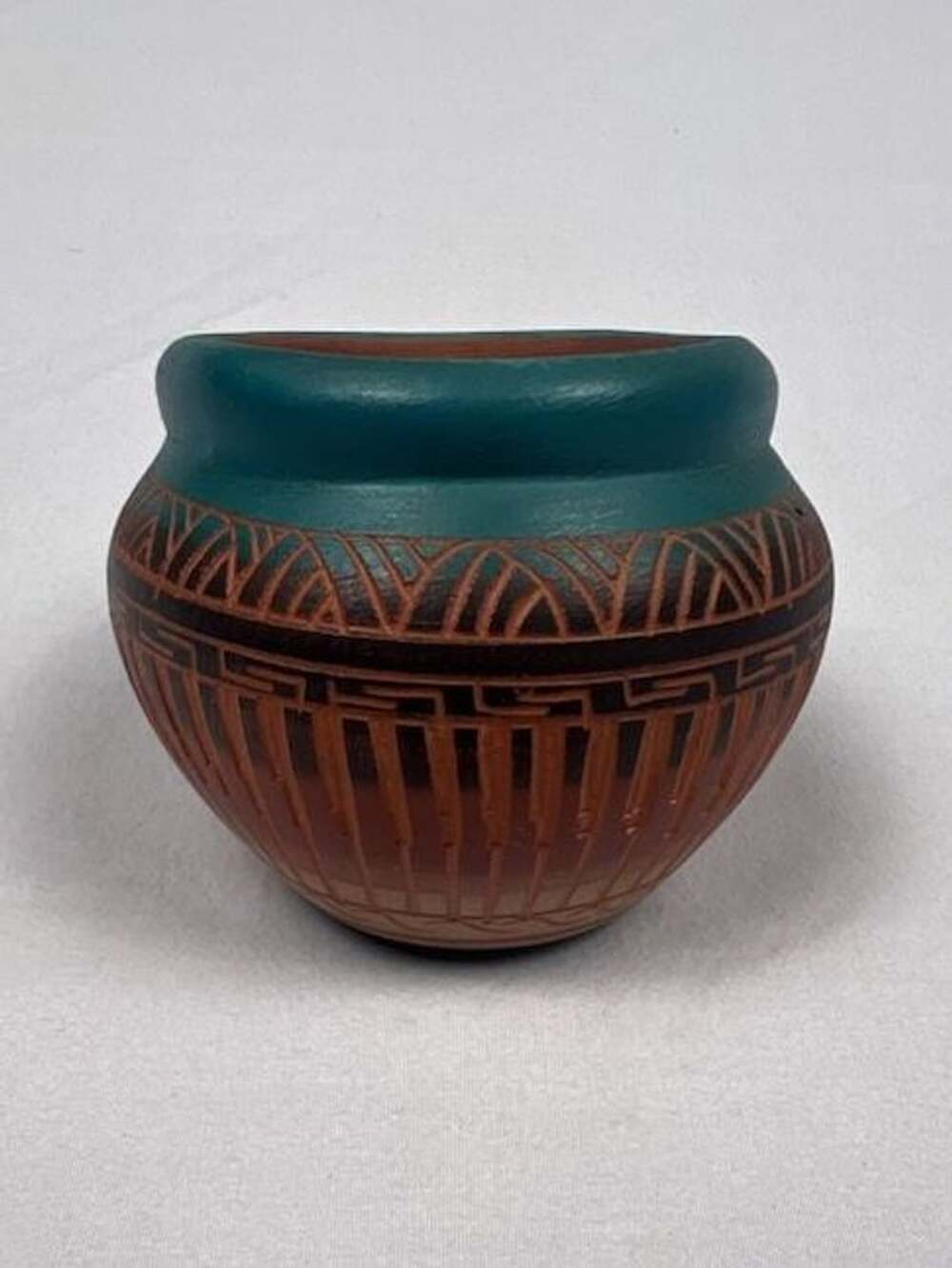 M.J. Navajo Hand-Etched Pottery Mini Vase Teal & Terracotta Signed